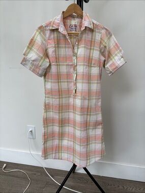 Left Field Sportswear Peach & Green Plaid Short-Sleeve Shirt Dress